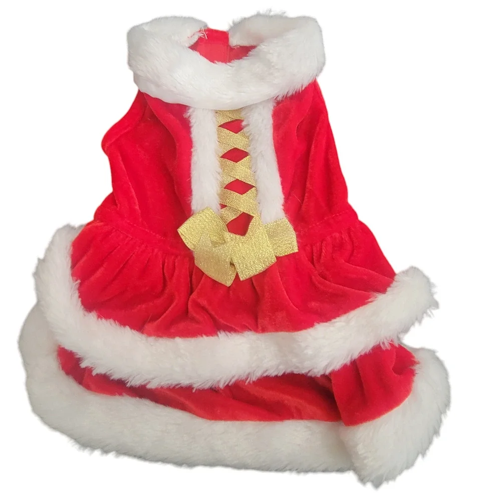 2‎ Santa Christmas Dog Coat Dress Red White Winter Velvet Faux Fur Size Small